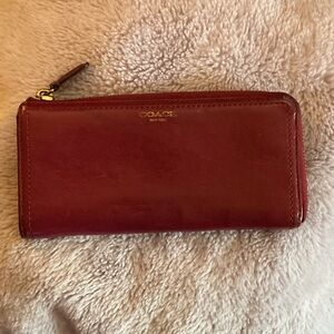 Coach Leather Zip Wallet in Deep Red with Gold Accent